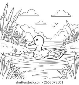A cheerful duck glides across a peaceful pond surrounded by nature—an ideal coloring page for young animal lovers.