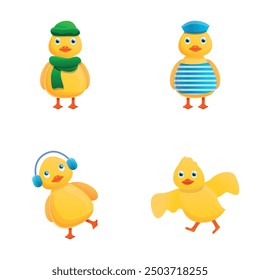 Cheerful duckling icons set cartoon vector. Funny little duck. Cartoon character