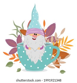 a cheerful dwarf sits in a mug with a warm drink on the background of autumn leaves, vector isolated illustration