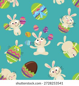 Fröhliche Osterhasen und bunte Eier Nahtloses Muster
