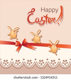 Cheerful Easter bunnies. Happy Easter. Poster, greeting card with funny characters, bow and lace. Design for textiles, gift packages.