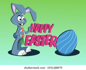 Cheerful Easter bunny with a carrot in his paw. Happy Easter inscription. Stock vector illustration