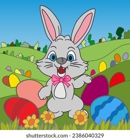 Cheerful Easter bunny with colorful Easter eggs in the fields, vector illustration