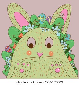 cheerful easter bunny with flowers, easter eggs. Spring vector illustration