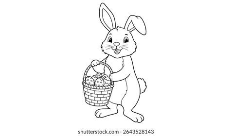 Cheerful Easter Bunny Outline Standing Holding Woven Basket Full of Decorated Eggs Happy Spring Illustration