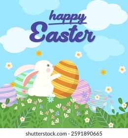 A cheerful Easter bunny playing with colorful decorated eggs in a vibrant spring landscape, perfect for Easter celebrations.