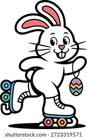 Una alegre Ilustración vectorial de patinaje sobre ruedas de conejo de Pascua. El conejo lindo sostiene un huevo de Pascua decorado colorido, perfecto para el marketing de vacaciones de primavera y proyectos de niños.