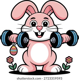 A cheerful Easter bunny workout mascot illustration is featured lifting dumbbells, emphasizing strength and holiday fitness.