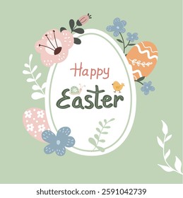 A cheerful Easter card with a blend of colorful eggs adorned with playful patterns nestled among delicate flowers. Soft pastel shades that evoke the spirit of spring. Happy Easter lettering.