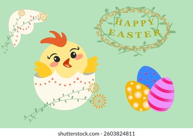 
Cheerful Easter Card. Colorful Easter Illustration. Happy Easter Greeting with Cartoon Chick, Eggs, Floral Decorations.The text "Happy Easter" is written in a decorative floral wreath