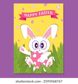 A cheerful Easter card with a cute bunny in glasses holding a pink egg with heart patterns, surrounded by green grass. A Happy Easter banner and eggs decorate the bright yellow background.