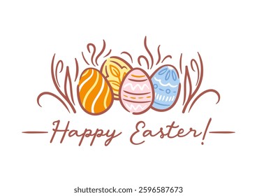 A cheerful Easter card featuring colorful Easter eggs hidden among lush green grass. The vibrant hues of the eggs contrast beautifully with the natural setting, evoking joy and celebration.