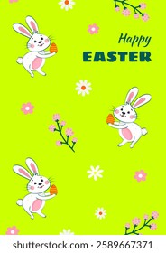 Cheerful Easter card featuring playful white bunnies holding eggs, surrounded by flowers on bright green background. Perfect for holiday greetings and festive designs.