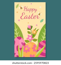 A cheerful Easter card with floral-patterned eggs, blooming flowers, and buzzing bees. The warm pastel tones and Happy Easter text create a festive and joyful springtime celebration design.