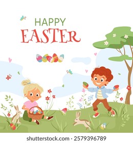 Cheerful Easter card with kids and bunnies. Colorful vector design with boy and girl characters, ideal for print, invitations, flyers, banners and posts. Celebrating festive fun of an Easter egg hunt