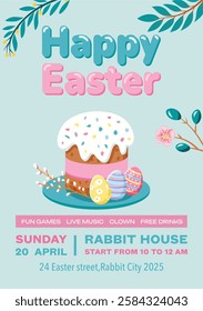 A cheerful Easter celebration poster featuring a traditional Easter cake (Paska) and painted eggs. Ideal for invitations, seasonal promotions, and festive decorations.