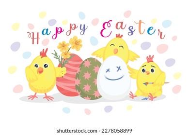 Cheerful Easter chickens with eggs Happy Easter