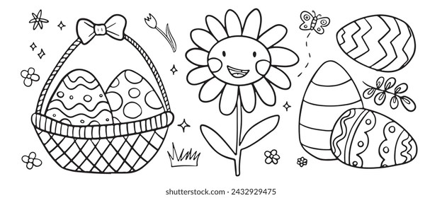 Cheerful Easter coloring scene with decorated eggs in a basket, a smiling sunflower, and a playful butterfly, perfect for kids' crafts and activities.