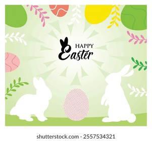 A cheerful Easter day featuring cute bunnies, eggs and spring leaves. Perfect for celebrating the joyful Easter season and bringing a festive atmosphere. Flat vector modern illustration 