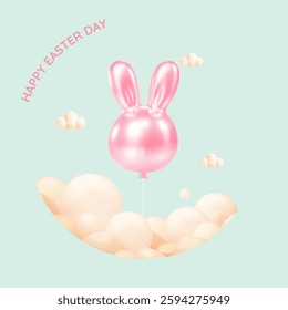 A cheerful Easter design featuring a pink bunny-shaped balloon floating among soft clouds in a pastel sky.