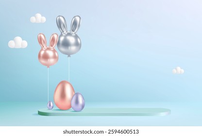 A cheerful Easter design featuring a pink bunny-shaped balloon floating among soft clouds in a pastel sky.