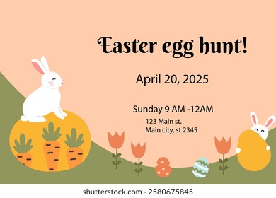 Cheerful easter egg hunt invitation with playful rabbits and colorful eggs.