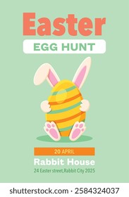 A cheerful Easter event invitation featuring a cute bunny hiding behind a decorated Easter egg. The design has a pastel green background with bold typography, making it perfect for holiday promotions