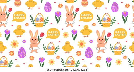 Fröhliche Ostern florale nahtlose Muster. Niedlicher Osterhase, Küken, Eier, Blumen. Religiöse Feiertage im Frühling. Hintergrund, Hintergrund, Digital- und Packpapier.