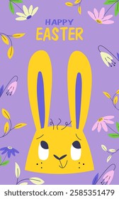 Cheerful Easter greeting card featuring a cute yellow bunny with long ears, surrounded by spring flowers on a pastel purple background. A festive and playful design perfect for Easter celebrations