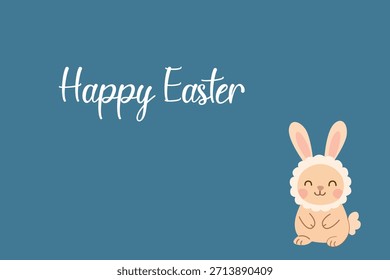 A cheerful Easter greeting card featuring the text Happy Easter and an adorable bunny on a blue background. Perfect for springtime holiday wishes.