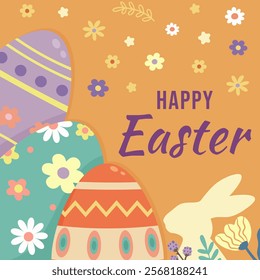 Cheerful Easter greeting card with vibrant eggs, floral designs, and bunny silhouette on orange background with Happy Easter text. Perfect for seasonal celebration, invitation, poster or flyer.