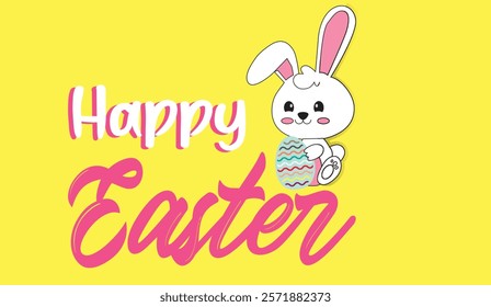 A Cheerful Easter Greeting with a Cute Bunny and Colorful Egg on a Vibrant Yellow Background, Wishing You a Happy Easter