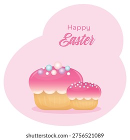 Cheerful Easter greeting illustration with two stylized cupcakes topped with pink frosting and colorful pastel sprinkles. 