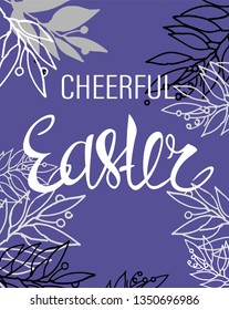Cheerful Easter – Greetings calligraphy with floral decoration on the blue background