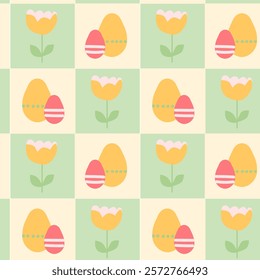 Cheerful easter patterns featuring eggs and flowers for decorative design.