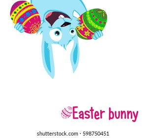 A cheerful Easter rabbit peeking, holding eggs