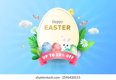 Cheerful easter sale design template with cute bunny and colorful eggs. Easter promotional design for social media material. Vector illustration eps 10.