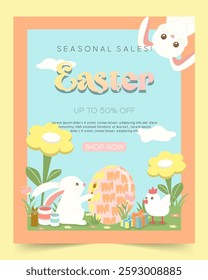 A cheerful Easter sale poster showcasing bunnies painting eggs amidst flowers, ideal for spring marketing.