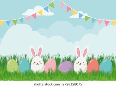 Alegre escena de Pascua con conejos lindos, huevos vibrantes y banderas festivas en un prado de primavera