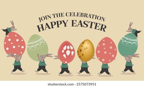 A cheerful Easter scene with rabbits carrying oversized decorated Easter eggs on their backs. The eggs come in various pastel colors and patterns, with the phrase 'Join the Celebration' above the grou