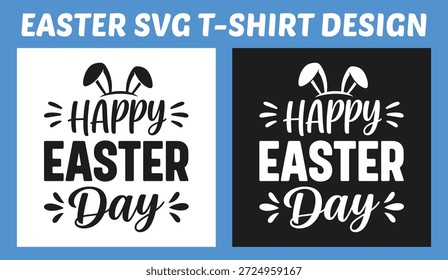 Cheerful Easter typography t shirt design featuring bold hand lettering and bunny ears. Clean black and white vector illustration perfect for Easter apparel, spring celebrations, gifts and festive prints.