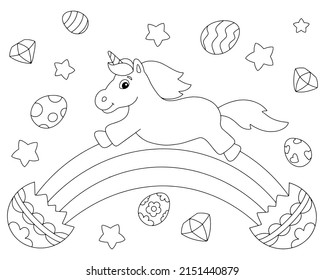 Cheerful Easter unicorn. Coloring book page for kids. Cartoon style character. Vector illustration isolated on white background.