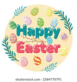 A cheerful Easter-themed poster featuring colorful decorated eggs, willow branches, and floral elements around a "Happy Easter" text. 