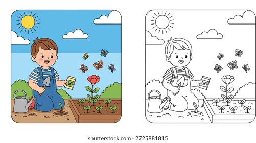 Una Ilustración vectorial alegre y educativa apta para diseños de temática primaveral, libros infantiles o blogs de jardinería. La Imagen presenta colores brillantes, contornos claros y una atmósfera positiva.