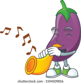 Cheerful eggplant cartoon character performance with trumpet