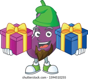 Cheerful eggplant cartoon design with Christmas gift boxes