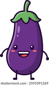 A cheerful eggplant character with a smiling expression and arms stands playfully, showcasing a vibrant purple color and a green top.