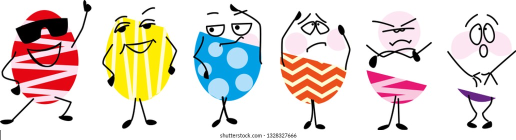 Cheerful eggs. Colored Easter eggs. Cartoon characters on a white background.