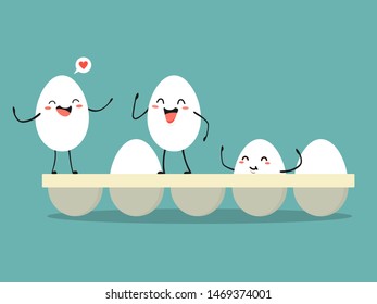 Cheerful eggs in a tray. Vector illustration in cartoon style.