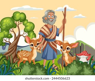 Cheerful elder with deer in a lush forest scene